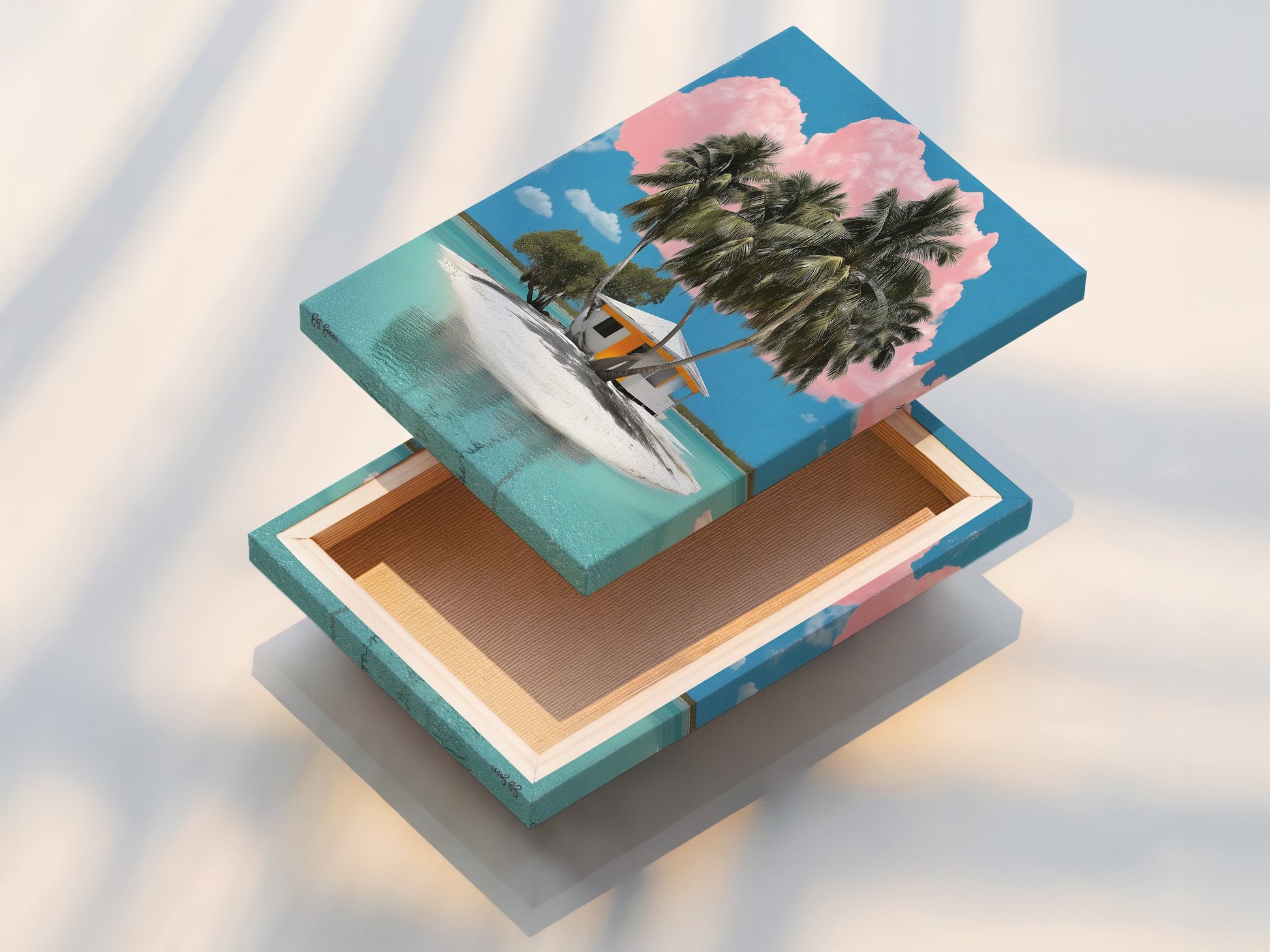 A stretched canvas print displaying our tropical island artwork. The stretched canvas provides a ready to hang piece of art. The artwork features palm trees a beach house and turquoise waters. Perfect for adding a touch of paradise to your home decor.