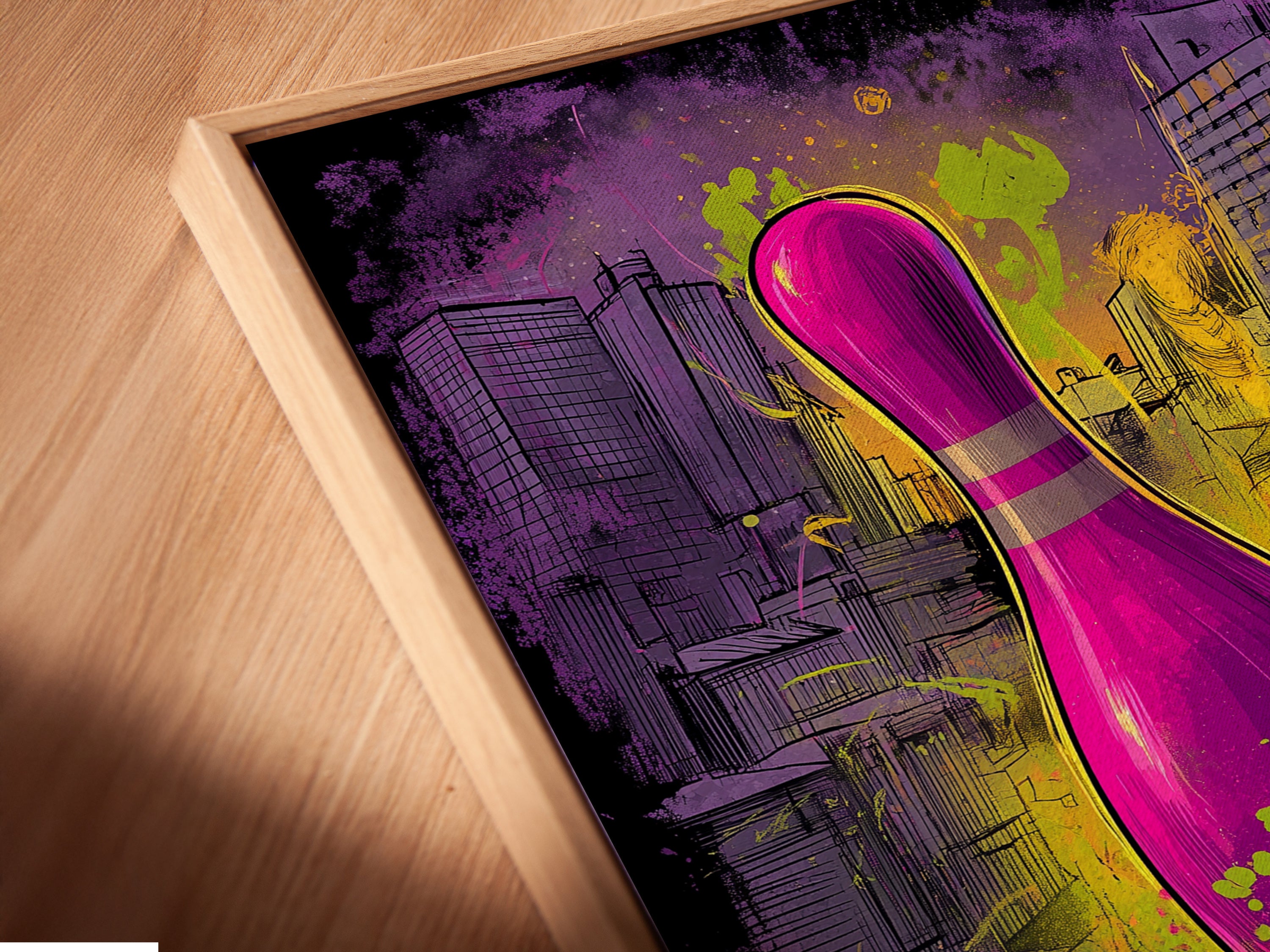 Close-up of a bowling art canvas print in a floating frame. The purple and green graffiti art is highlighted. Perfect for adding a modern touch to a game room or man cave. The floating frame enhances the urban sports wall decor creating a sleek look.