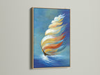 An abstract sailboat art piece is framed in oak. The art enhances coastal wall decor. Perfect nautical print for home offices or living spaces. The oak frame complements the navy blue and gold tones in the artwork. This framed artwork offers a touch of ocean-themed elegance.