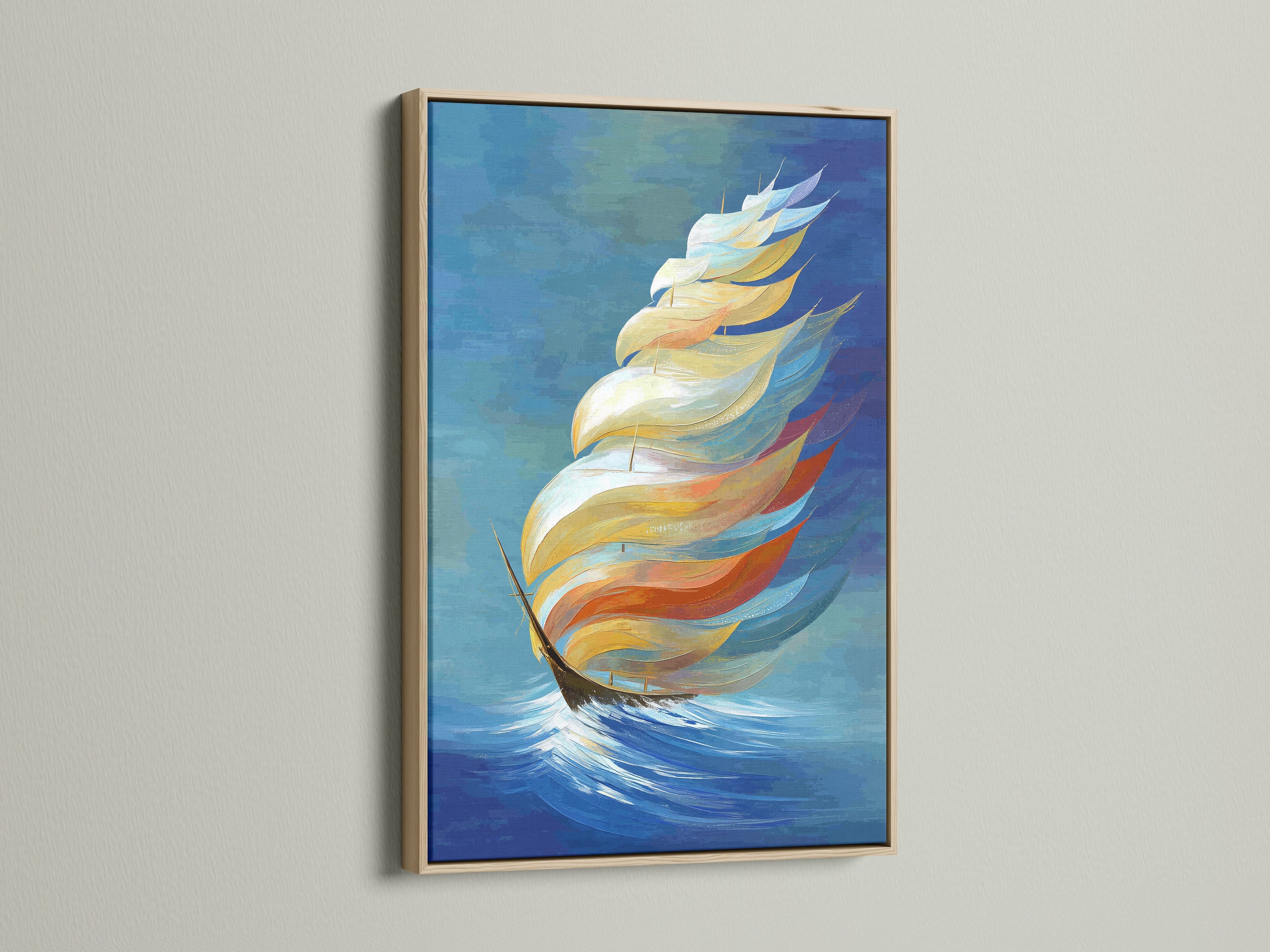 An abstract sailboat art piece is framed in oak. The art enhances coastal wall decor. Perfect nautical print for home offices or living spaces. The oak frame complements the navy blue and gold tones in the artwork. This framed artwork offers a touch of ocean-themed elegance.