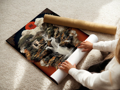 A woman is carefully rolling a fine art poster paper. This Asian Zen Garden Wall Art is ready to frame. The oriental style artwork provides serene scenery. Ideal for meditation decor and spiritual spaces. Experience calming art.