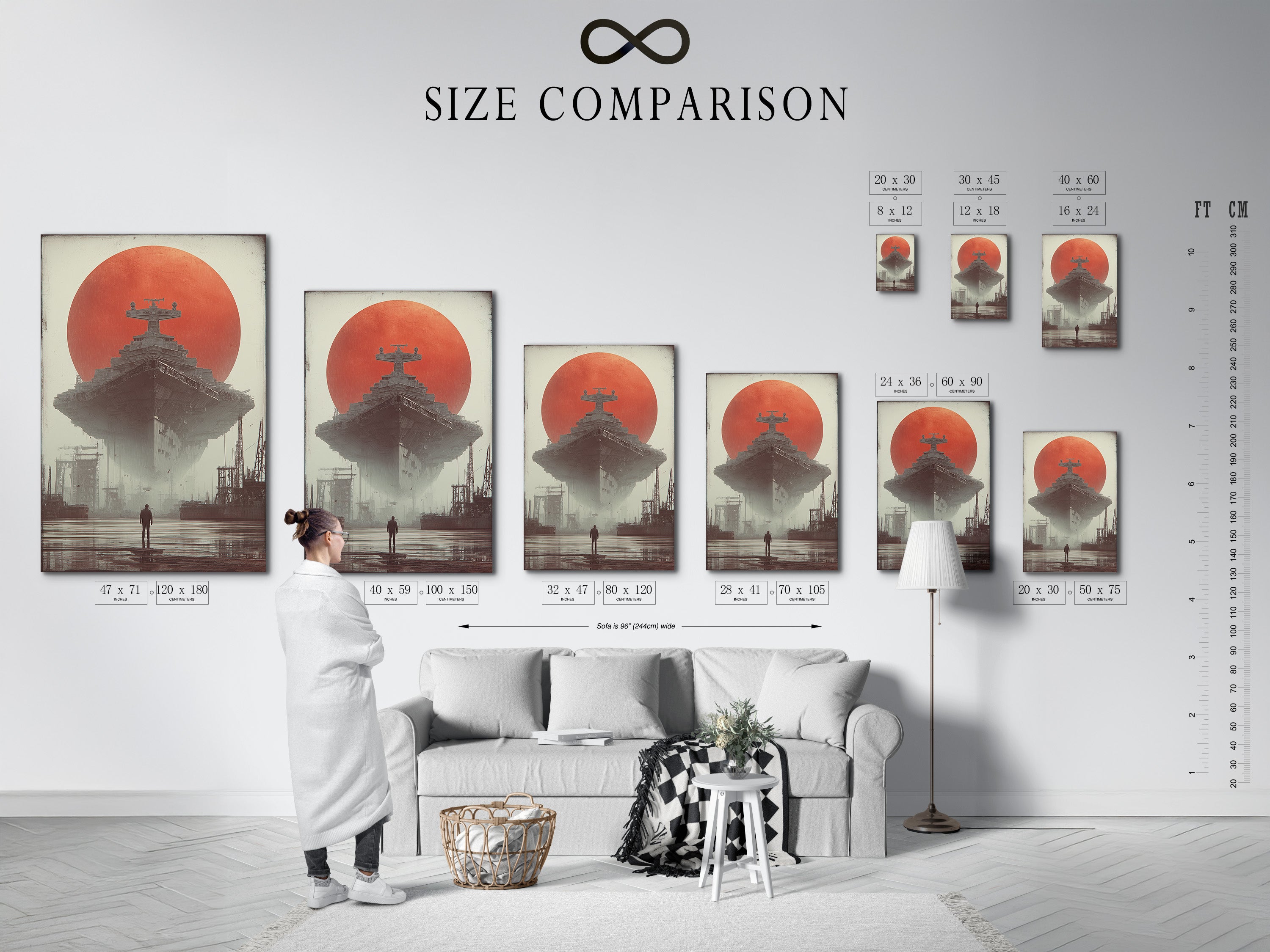 Compare sizes with our easy-to-use chart. This chart helps you visualize the perfect size for your space. The size comparison chart in an interior setting assists in art selection. Find the ideal dimensions for your art print or canvas. Plan your art decor confidently.