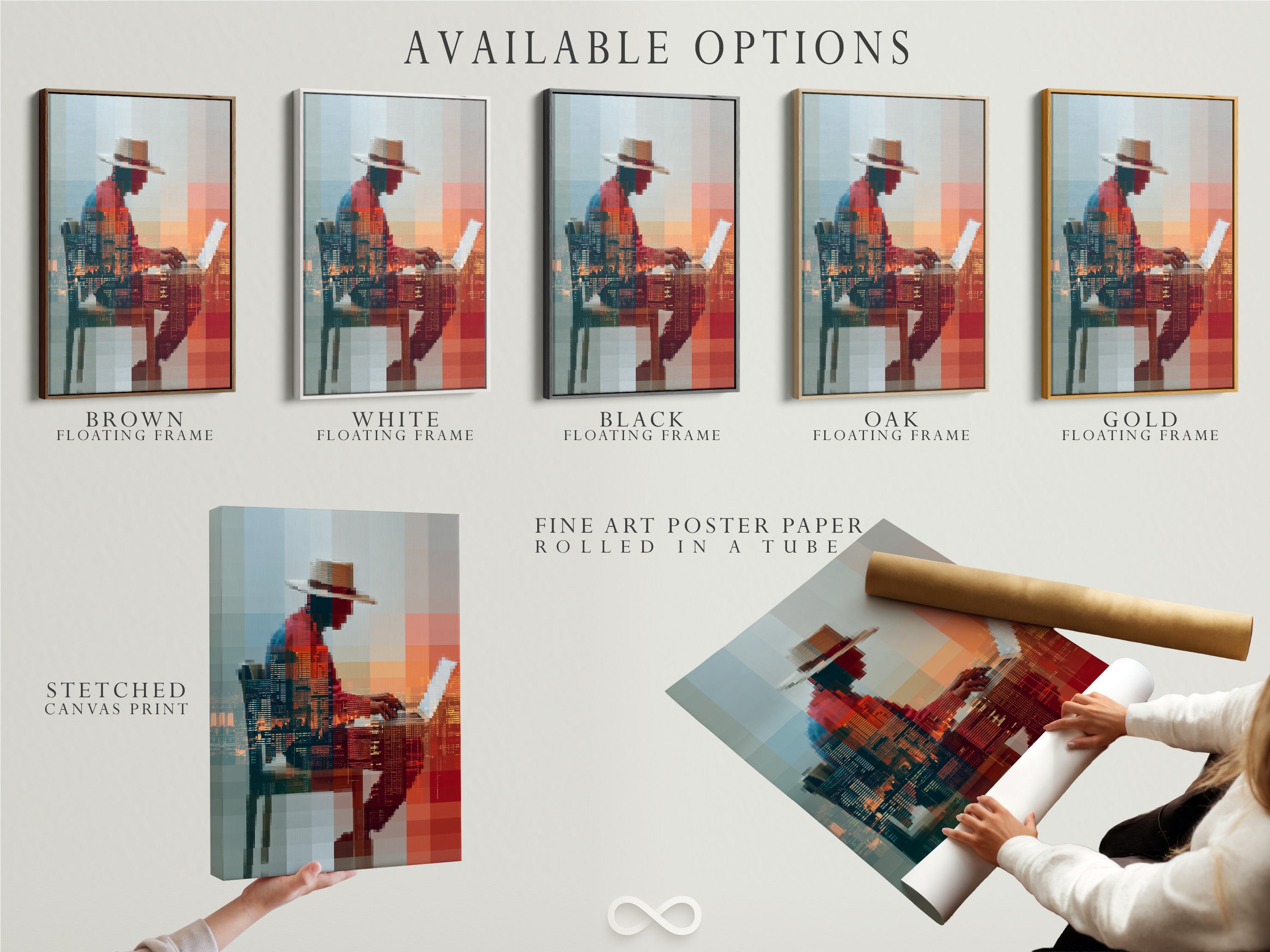 Available options include a stretched canvas print. Also available is fine art poster paper and a floating frame. Choose the perfect presentation for your digital art. The abstract pixelated figure will look stunning.