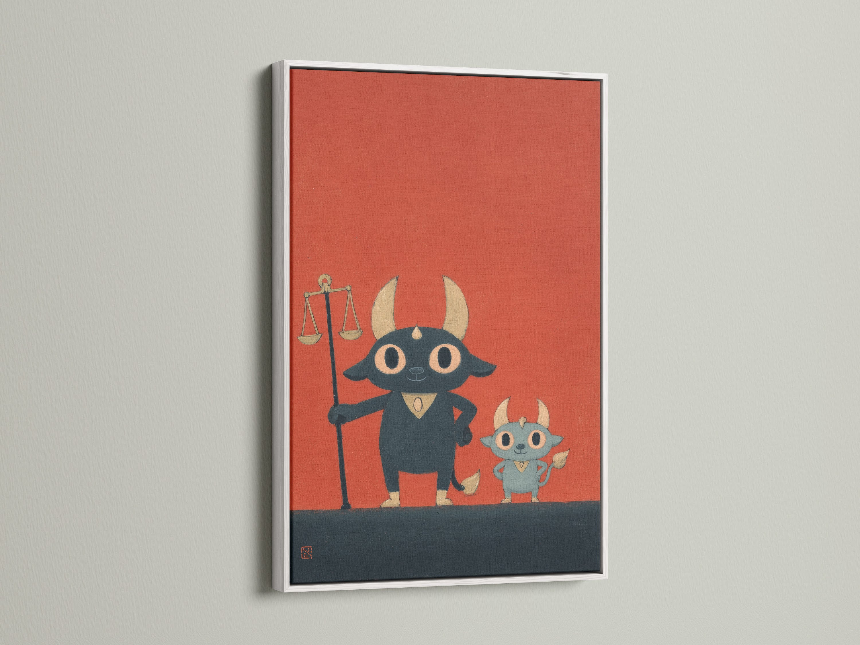 A Justice Bull artwork is showcased in a white frame. The art print features a cute animal. It has a legal theme. This piece is ideal for adding a touch of kawaii to a law office. It's a great gift for lawyers. This cartoon legal art brightens any space.