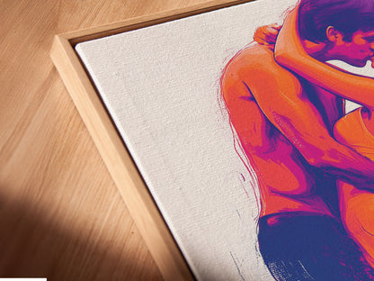 Close-up of the Passionate Embrace canvas print in a floating frame. This romantic couple art adds a modern touch to any space. The floating frame enhances the artwork. It provides a sleek contemporary feel.