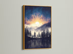 Mountain Lake artwork with a gold frame. The artwork captures a celestial sky over a forest and lake. This nature print is a luxurious addition to your home. This mountain decor suits living rooms and bedrooms. Add a touch of modern nature.