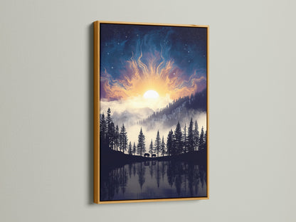 Mountain Lake artwork with a gold frame. The artwork captures a celestial sky over a forest and lake. This nature print is a luxurious addition to your home. This mountain decor suits living rooms and bedrooms. Add a touch of modern nature.