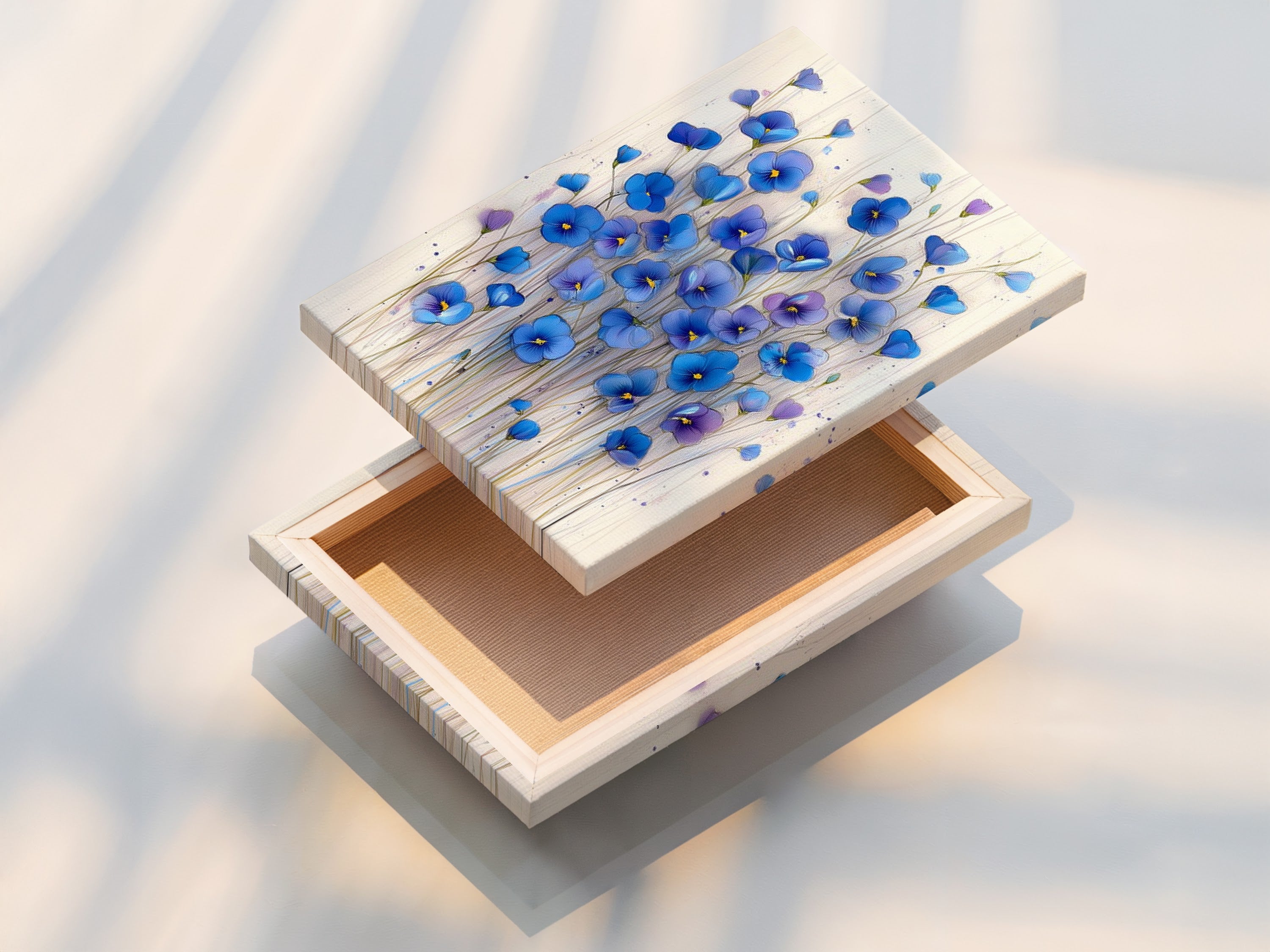 A stretched canvas print showcasing blue floral artwork. The botanical wall decor is ready to hang and enjoy. Perfect for adding a modern touch to your living room. The teal and indigo hues enhance any space.