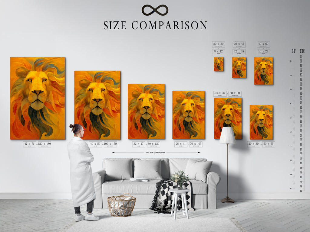 A size comparison chart in an interior setting. The chart helps visualize different artwork sizes. Find the perfect size to fit your wall space. Make informed decisions when choosing artwork. Get the right size for your room. Plan your art installation with ease.