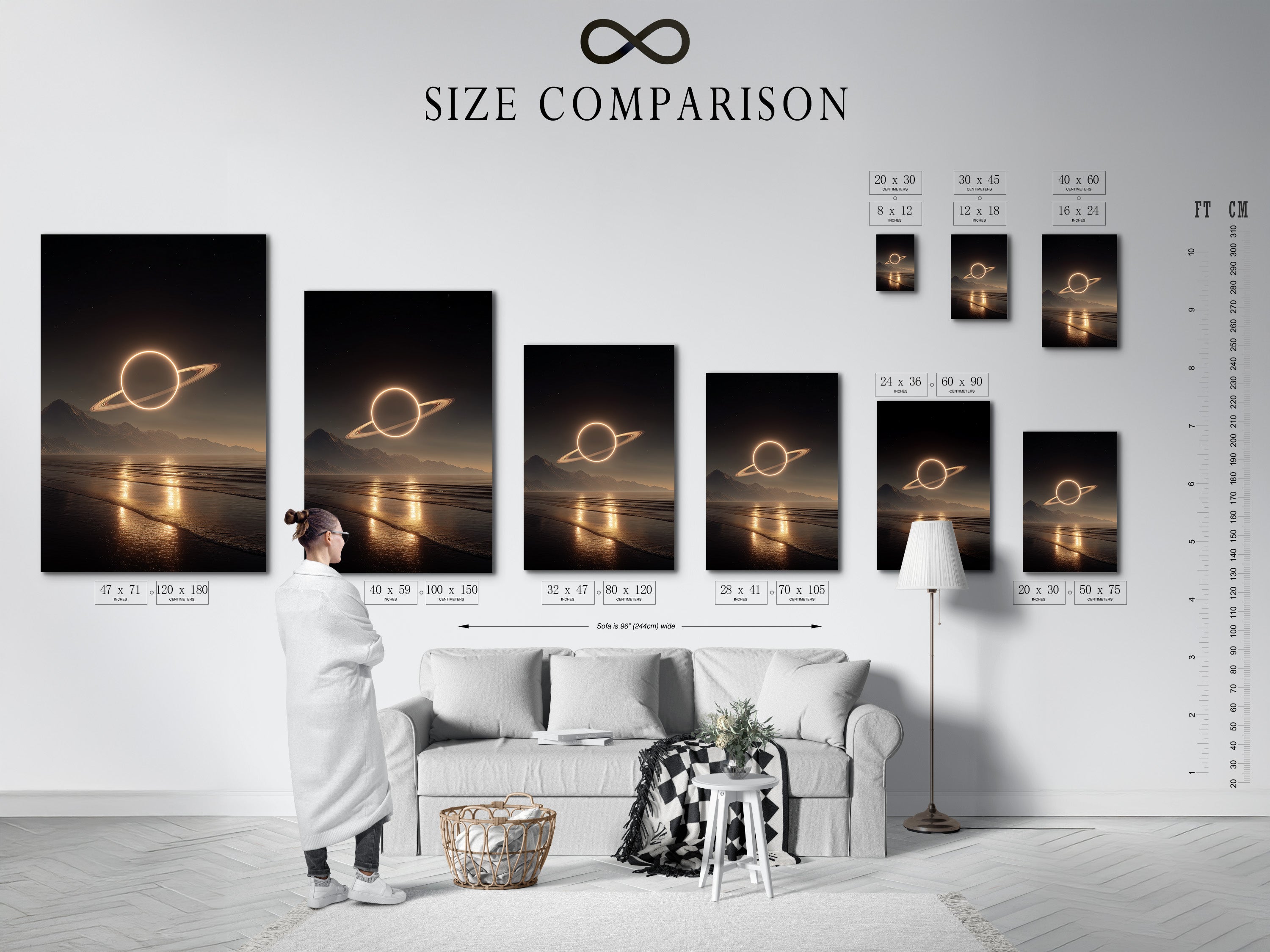 A size comparison chart is displayed in an interior setting. It helps visualize the artwork's dimensions. See how different sizes fit in a room. This chart aids in making the right choice. Choose the perfect size for your artwork.