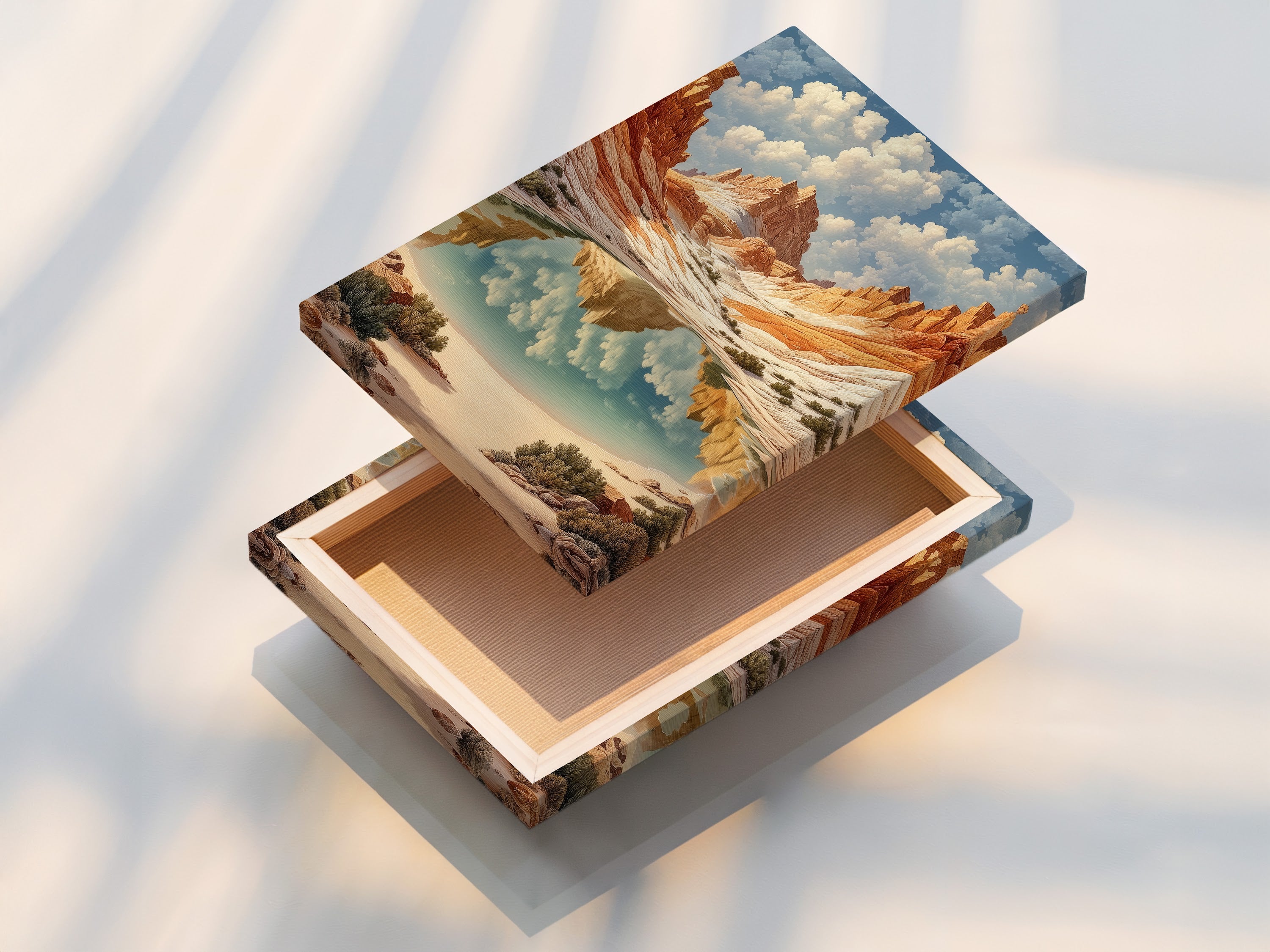 Showcasing a stretched canvas print of desert canyon art. The terracotta mountain canvas is ready to hang. This southwest landscape wall art is perfect for adding a touch of nature to any space. Enhance your home decor with this stunning southwestern art piece for living rooms and bedrooms.