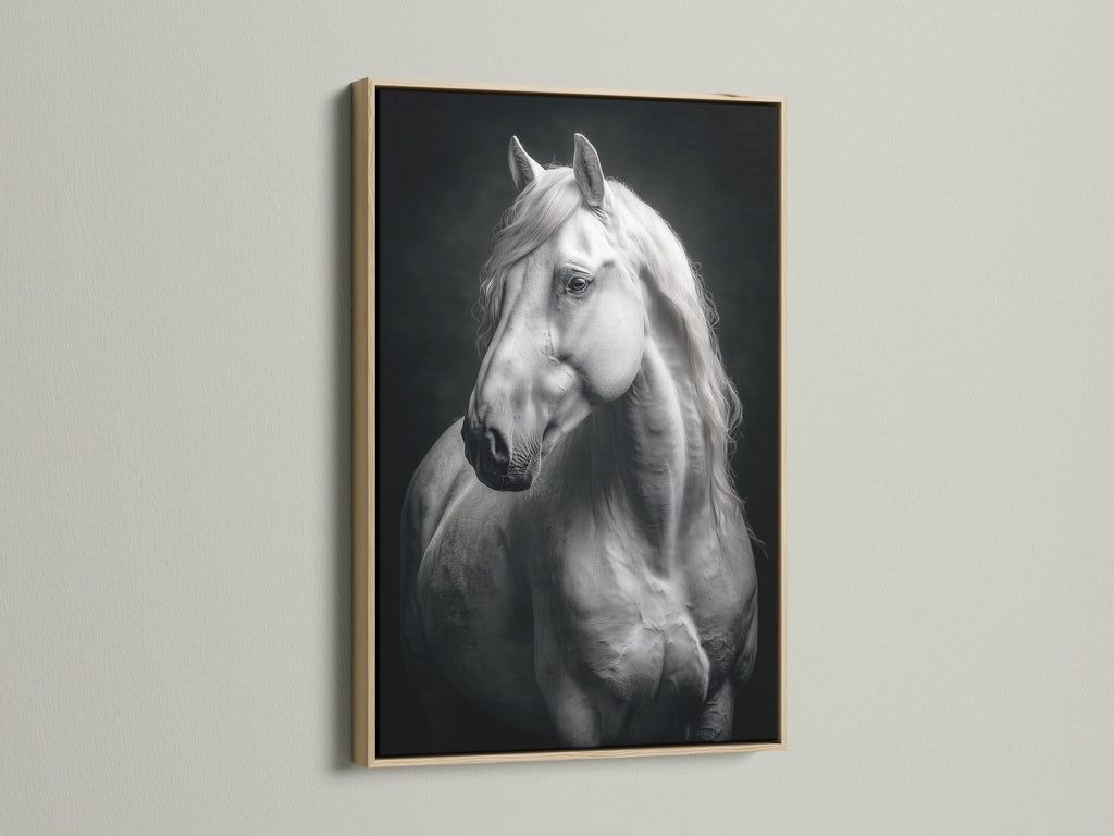 A stunning white horse print in a natural oak frame. The monochrome animal portrait adds a touch of elegance to any space. Ideal for equestrian decor and farmhouse style.