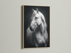 A stunning white horse print in a natural oak frame. The monochrome animal portrait adds a touch of elegance to any space. Ideal for equestrian decor and farmhouse style.