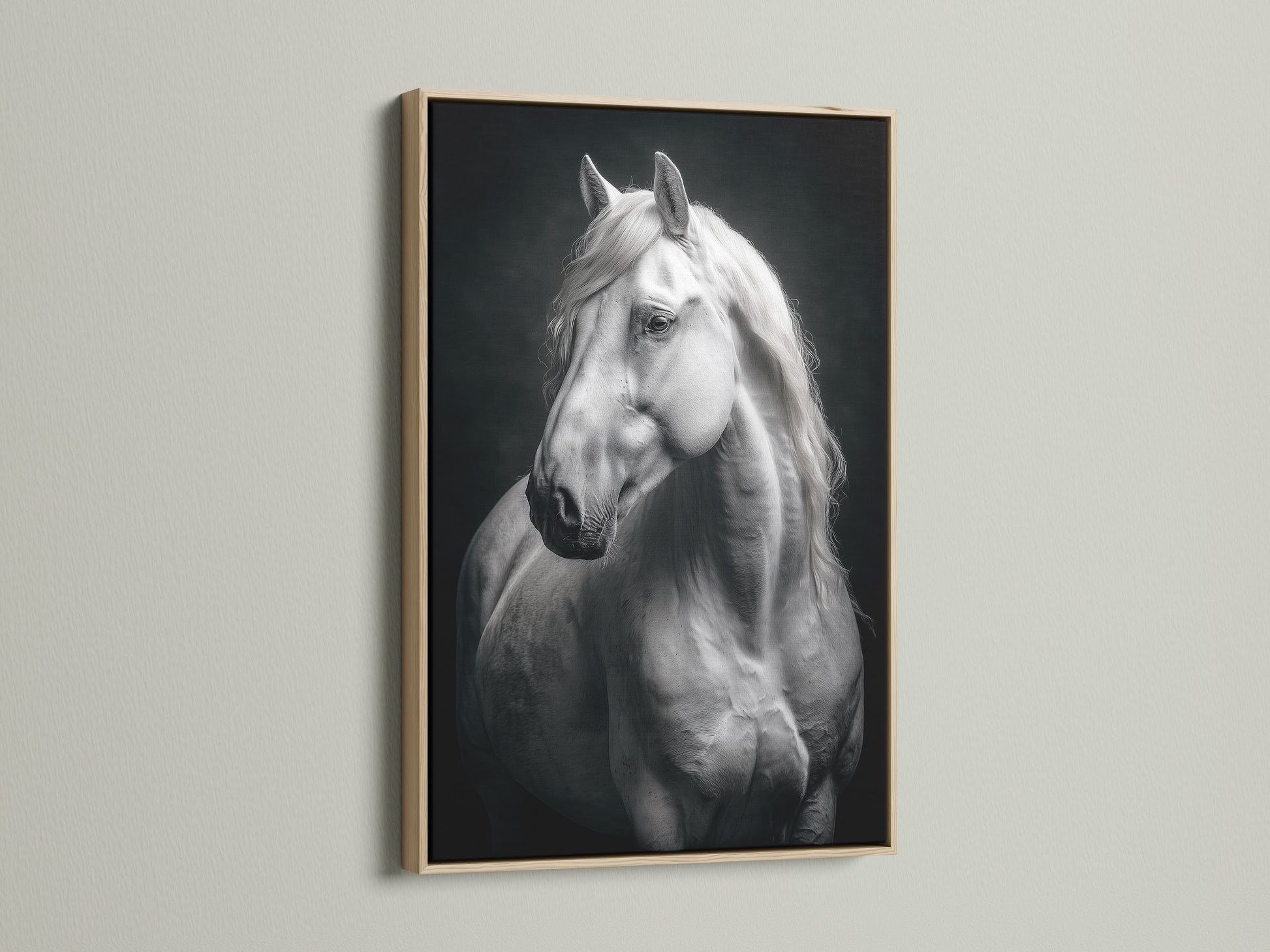 The White Horse Canvas Print is showcased in an oak frame. This black and white animal wall art adds a touch of elegance. Ideal equestrian decor for minimalist or farmhouse interiors. A refined piece for homeowners and office decorators. Enhance your living space today.