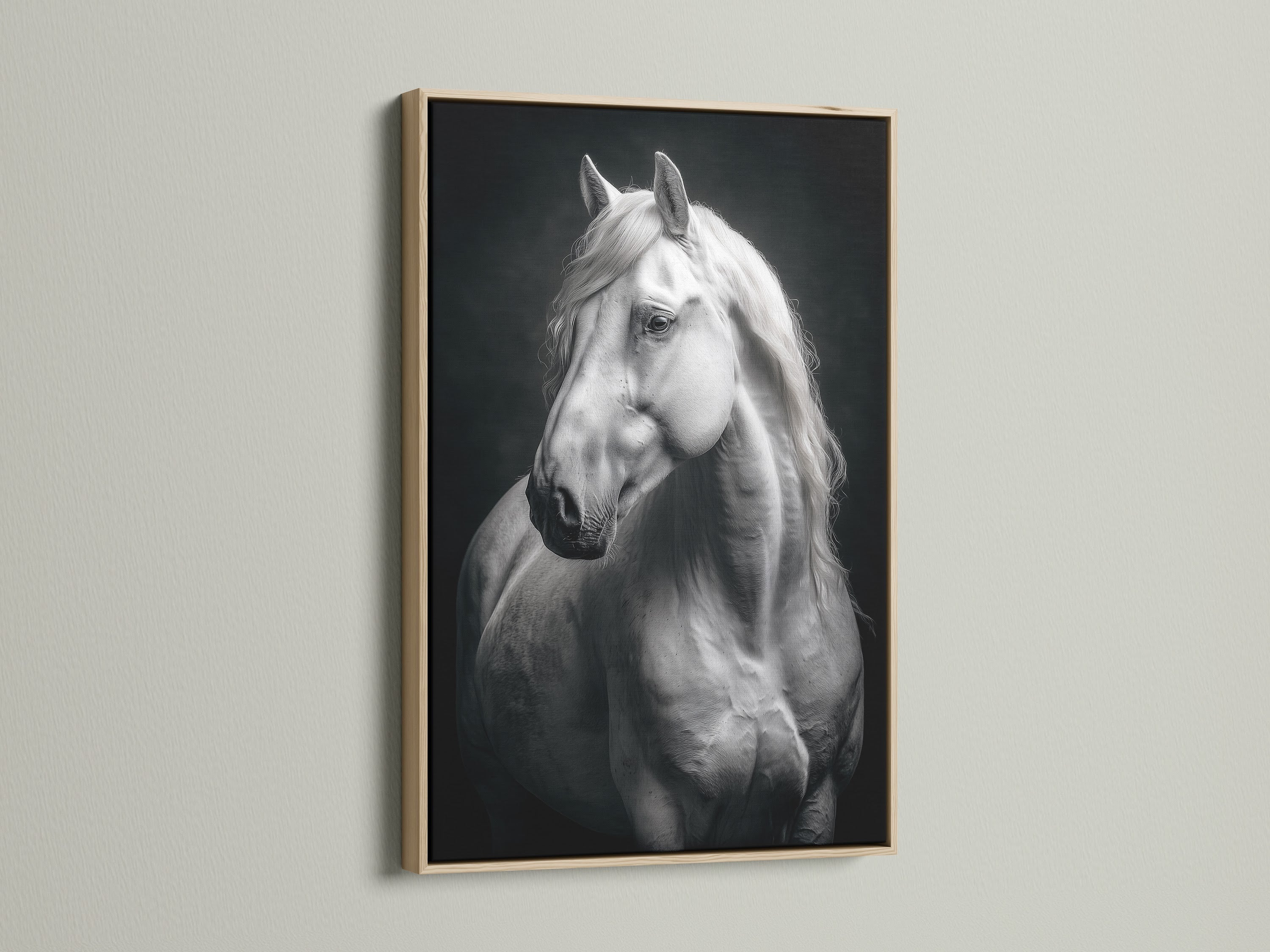 The White Horse Canvas Print is showcased in an oak frame. This black and white animal wall art adds a touch of elegance. Ideal equestrian decor for minimalist or farmhouse interiors. A refined piece for homeowners and office decorators. Enhance your living space today.