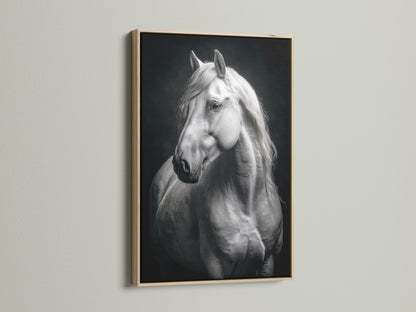 The White Horse Canvas Print is showcased in an oak frame. This black and white animal wall art adds a touch of elegance. Ideal equestrian decor for minimalist or farmhouse interiors. A refined piece for homeowners and office decorators. Enhance your living space today.
