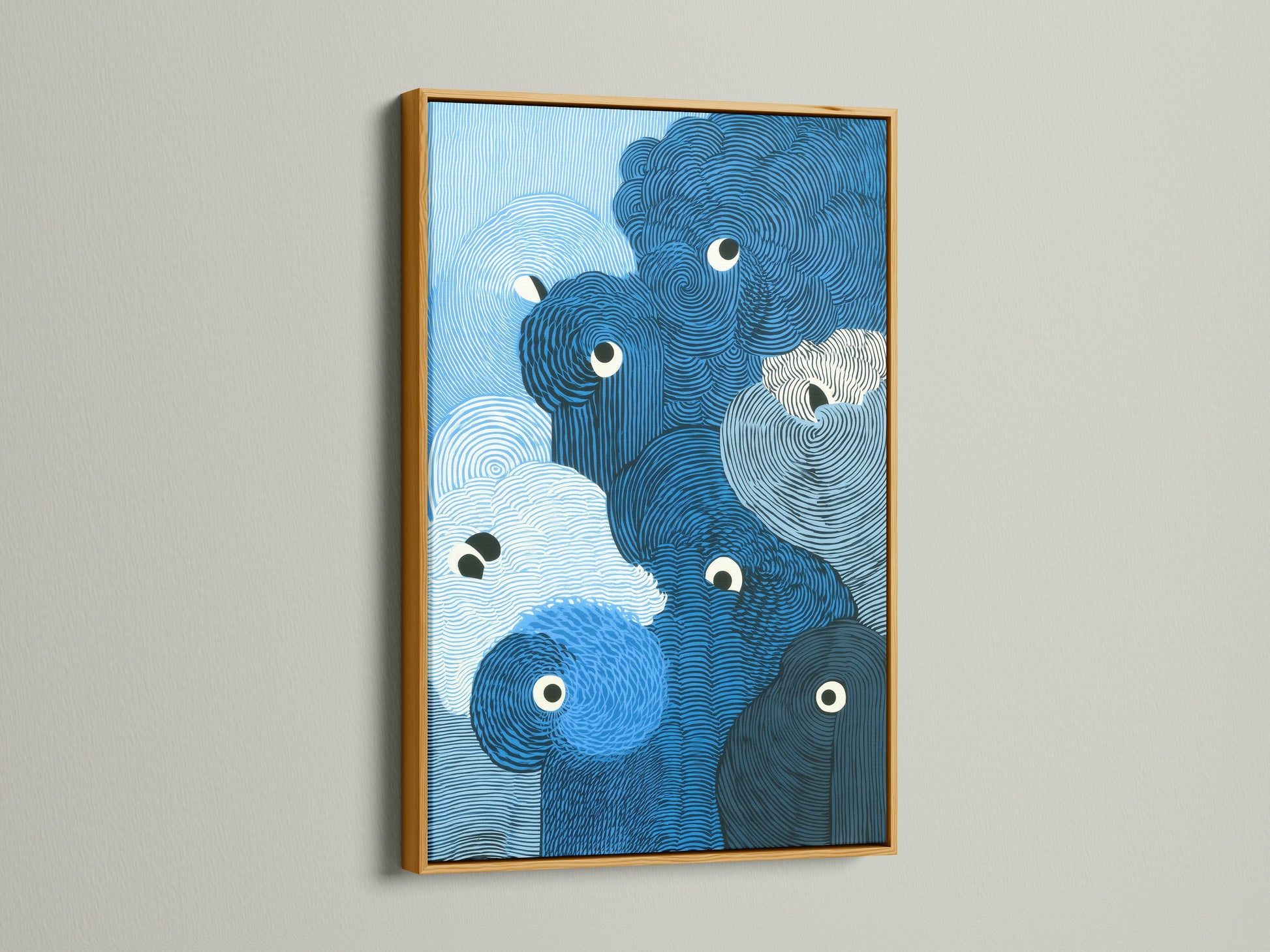 Abstract wave artwork displayed in a gold frame adds a touch of elegance. The blue ocean print shimmers with sophistication. The modern swirl art is enhanced by the metallic frame. This piece brings a luxurious feel to any room. The perfect nautical home wall decor.