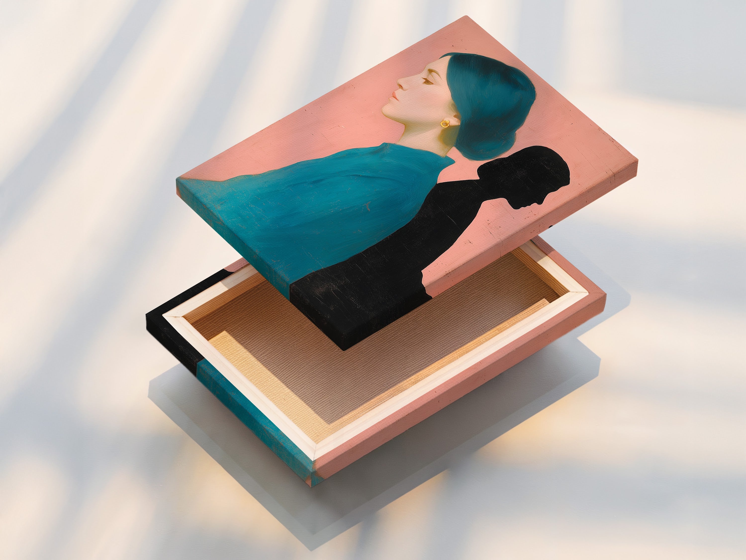 This is a stretched canvas print. The artwork has a woman with teal hair and shirt. The background is pink and she has a shadow. This creates a gallery-ready piece. Ready to transform your living space.