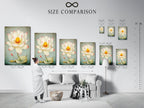 A size comparison chart is displayed in an interior setting. The chart illustrates various sizes of the Lotus Flower art. This helps you visualize the perfect fit for your wall. Choose the ideal size to complement your space. Perfect for any room.