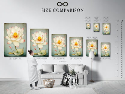A size comparison chart is displayed in an interior setting. The chart illustrates various sizes of the Lotus Flower art. This helps you visualize the perfect fit for your wall. Choose the ideal size to complement your space. Perfect for any room.