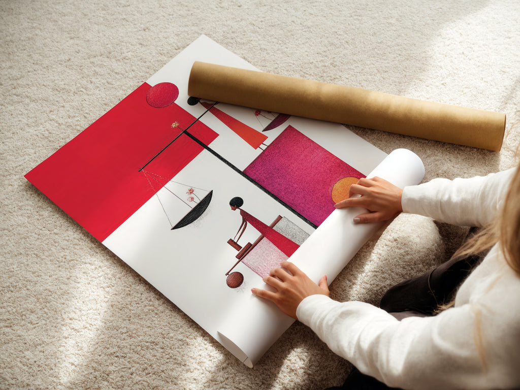A woman carefully rolls a fine art poster paper featuring the Justice Scales artwork. This poster is a great option for those seeking a more affordable art solution. Perfect for any legal art lover