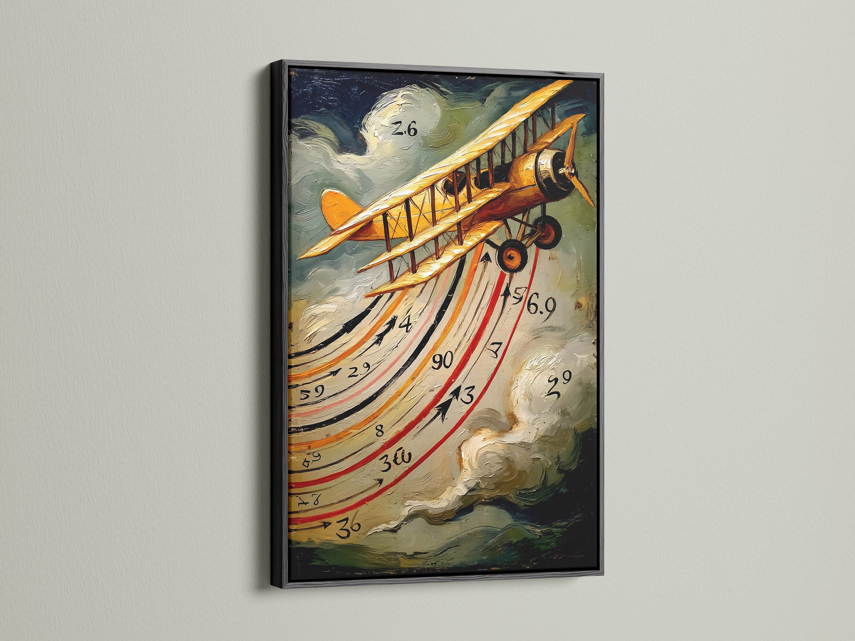 Vintage Airplane artwork presented in a black frame. The black frame adds a touch of sophistication to the retro biplane print. This aviation decor is perfect for a man cave or office. The framed artwork brings a classic and clean look. Enhance your wall decor today.