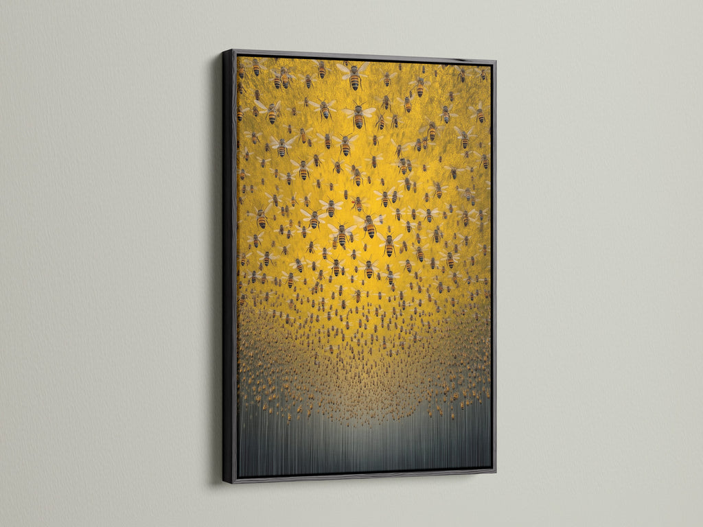 Here is the black frame option for your insect wall art. The black frame adds a touch of sophistication. It makes the gold and gray colors pop. This frame option is perfect for a gallery wall. A black frame offers a sleek and modern presentation for your bee artwork.