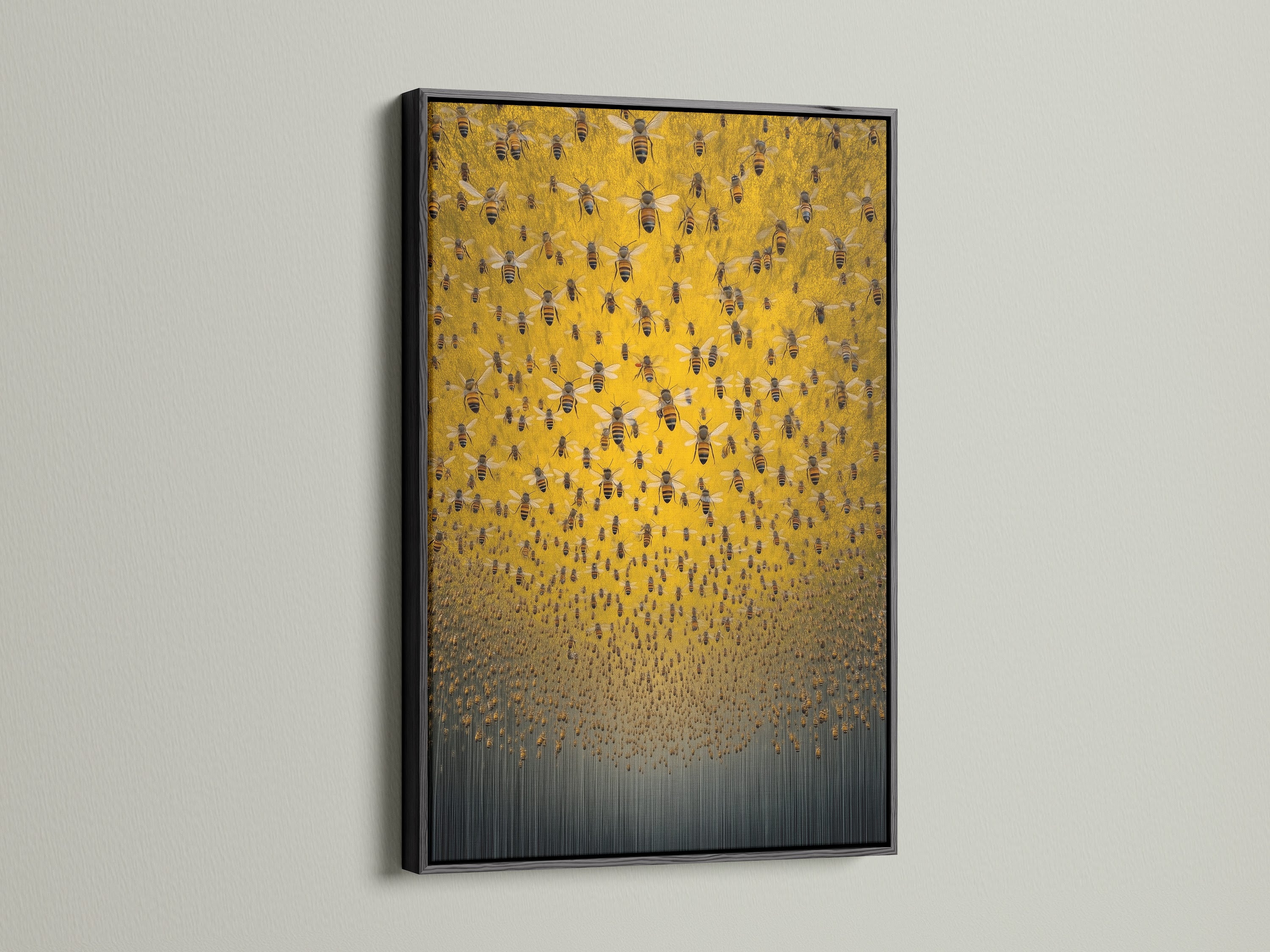 Here is the black frame option for your insect wall art. The black frame adds a touch of sophistication. It makes the gold and gray colors pop. This frame option is perfect for a gallery wall. A black frame offers a sleek and modern presentation for your bee artwork.