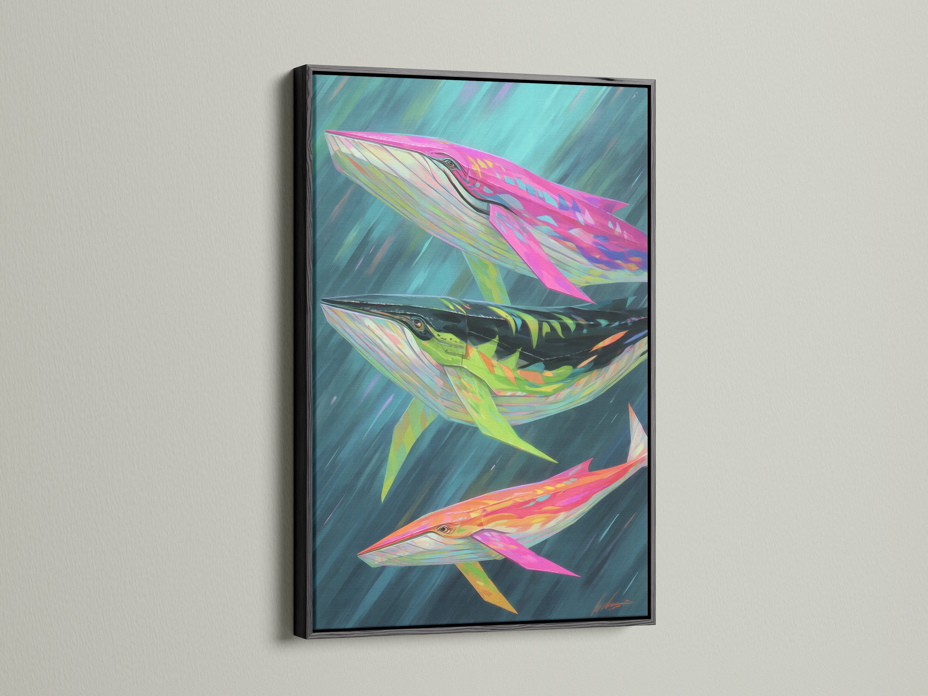 Check out whale artwork in a black frame. This sea animal print is a striking addition. It serves as unique ocean wall art. Perfect for those seeking marine canvas art.
