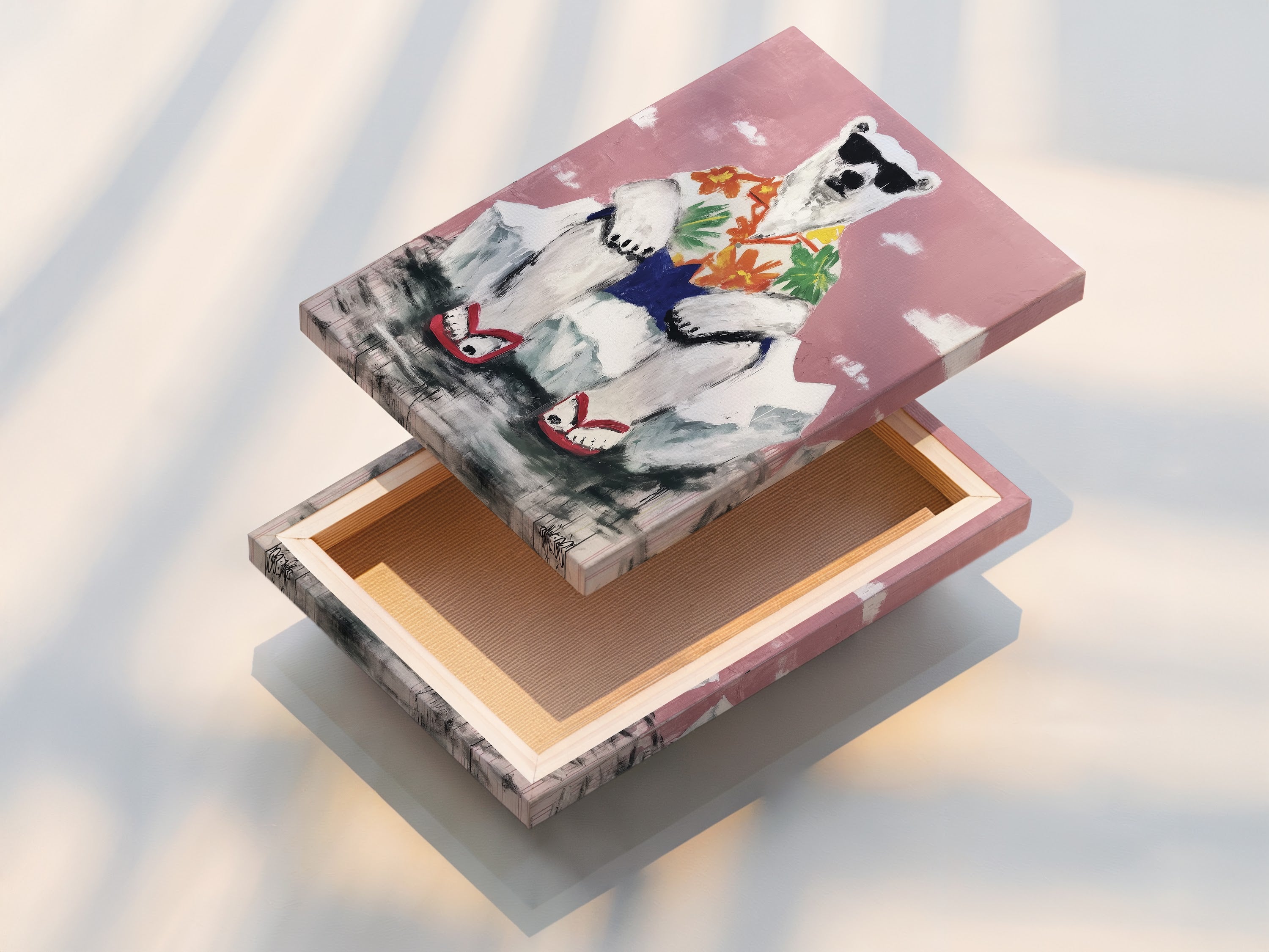 Stretched canvas print of a cool polar bear artwork. This funny animal print is ready to hang. Ideal for adding tropical vibes to your walls. This playful animal art is perfect for any space.