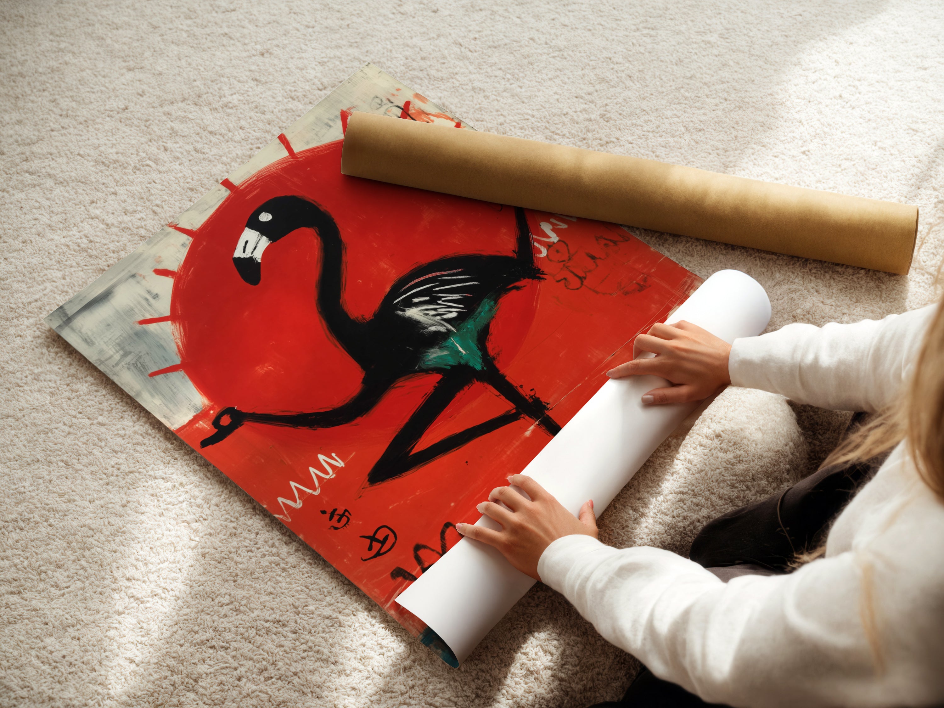 A woman rolls fine art poster paper for a flamingo art print. The modern bird art is ready for framing. The red sun art is perfect for home decor. High-quality materials ensure lasting beauty. Find unique tropical wall art for your space. Create a stunning display.