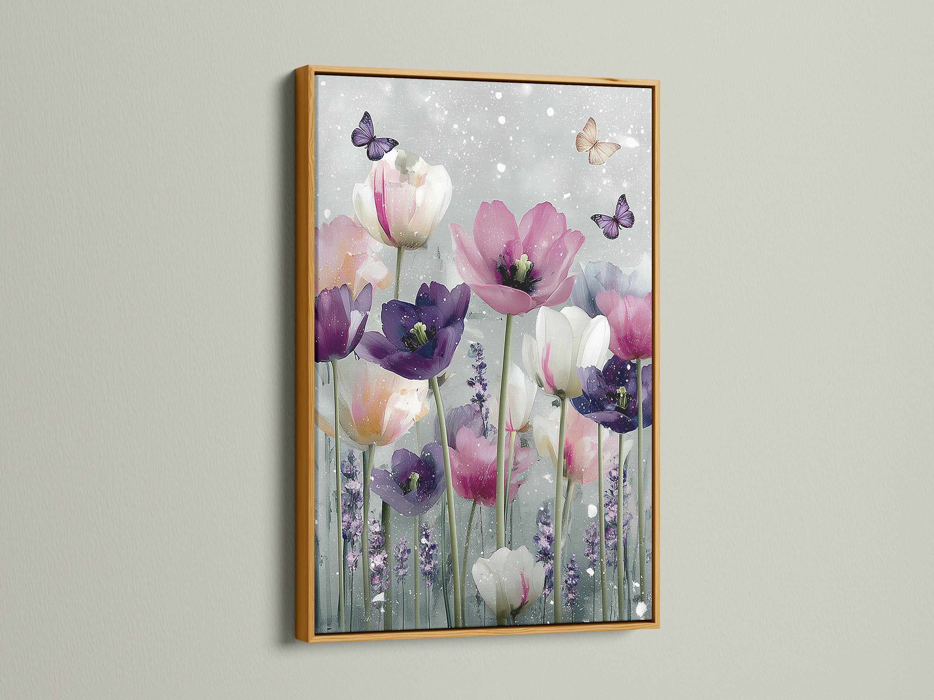 A luxurious gold frame enhances a floral artwork. The art features tulips with butterflies. The gold frame brings elegance to any space. Transform your walls with stunning framed art. Explore our options today.