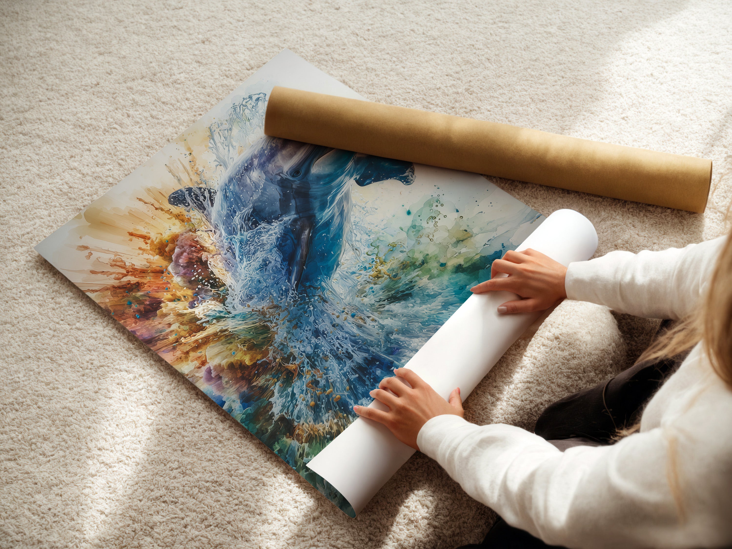 A woman is carefully rolling a fine art poster paper. She is protecting the delicate surface. High-quality materials ensure art longevity. Preserve your art prints with our premium poster paper. Experience the difference in quality.
