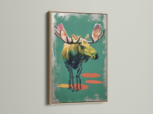 Artwork of a moose in an oak frame. The frame complements the artwork. Giving it a natural and organic feel. The art is ready to hang. It will add warmth and sophistication to any room.