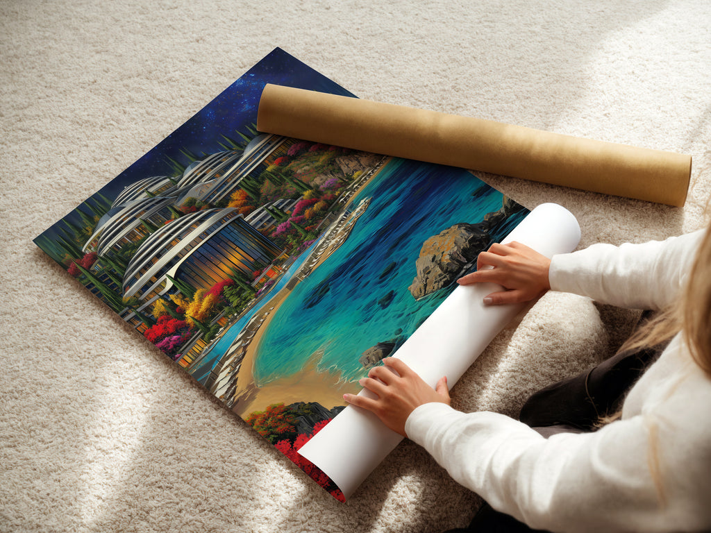 A woman is carefully rolling a fine art poster paper featuring Futuristic Architecture. The turquoise ocean artwork captures a modern coastal cityscape. This high quality print is perfect for adding a touch of sci-fi art to your home or office. Get ready to display refined wall decor.