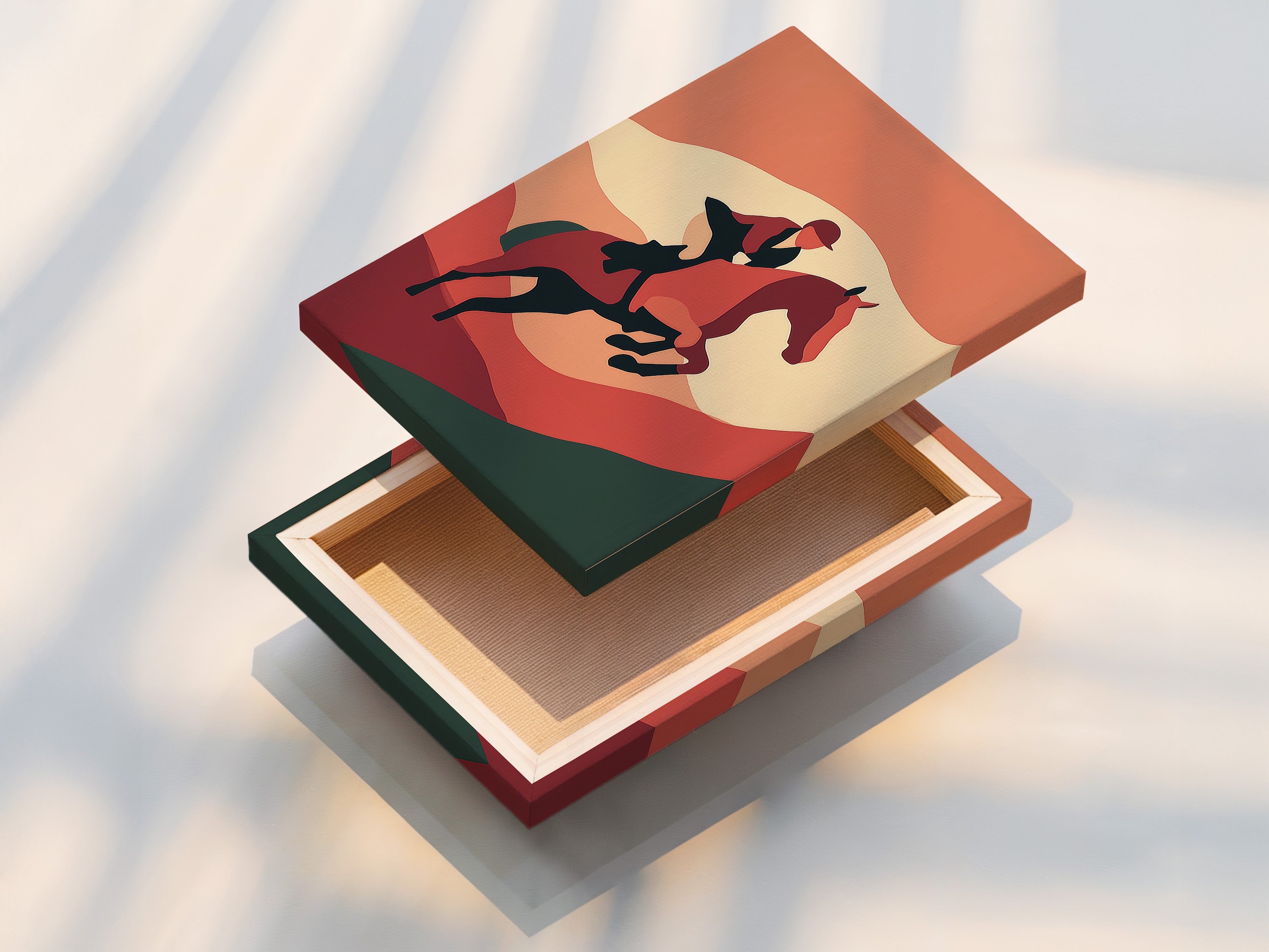 A beautifully stretched canvas print of equestrian art. This horse rider canvas wall art is ready to hang. The vintage terracotta western decor adds warmth. Perfect for creating a focal point in your home. This horse artwork enhances any rustic or farmhouse style. Enjoy this piece today.