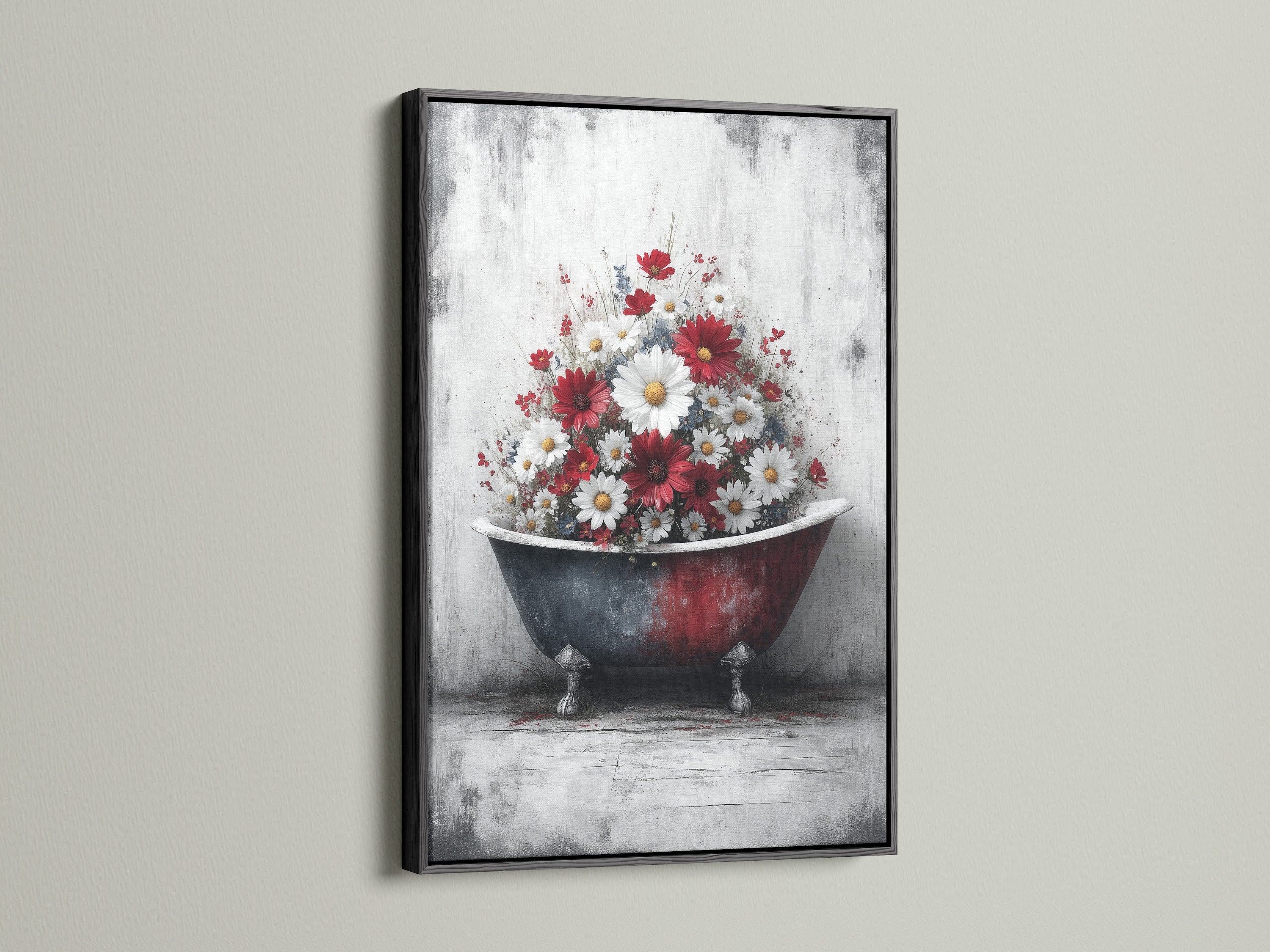 Vintage Bathtub floral Canvas Artwork with a black frame. The artwork depicts a clawfoot tub bursting with red and white flowers. Elevate your spa bathroom with this rustic farmhouse print. Discover more floral canvas art.