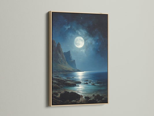 This artwork features a moonlit ocean scene framed in a light oak. The print captures the tranquility of the night with a full moon reflecting on the water. The oak frame enhances the artwork's natural theme. It brings a sense of calm to any room making it a great option for home decor.