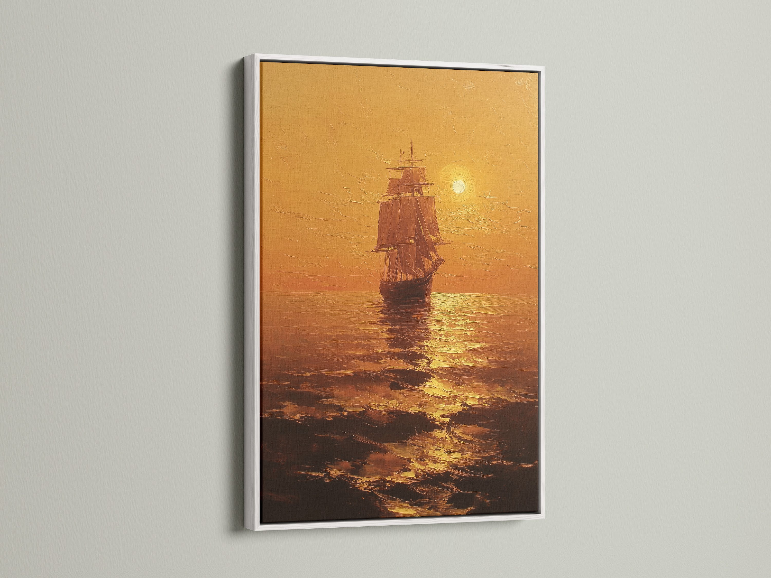 A white frame highlights a stunning seascape artwork. The art features a ship sailing under a radiant sun. The white frame offers a clean and modern look. Its bright finish complements the artwork's serene feel. The artwork adds a touch of sophistication to any room.