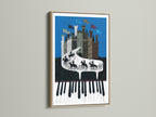 The Piano Castle artwork is displayed in an oak frame. This whimsical artwork features a castle on a piano. Knights ride across the keys. The oak frame enhances the art's warm tones. Ideal for music rooms living rooms or offices.