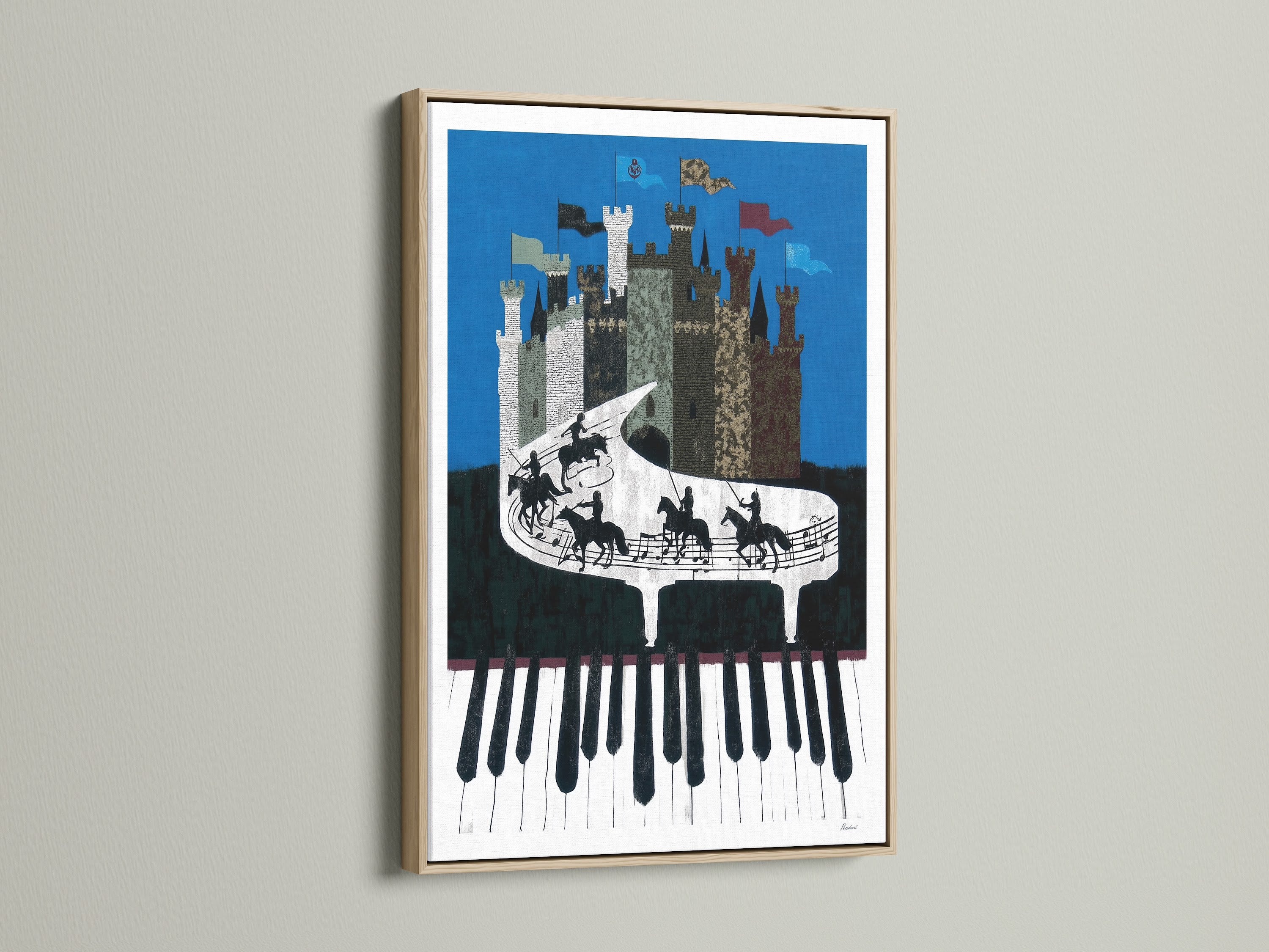 The Piano Castle artwork is displayed in an oak frame. This whimsical artwork features a castle on a piano. Knights ride across the keys. The oak frame enhances the art's warm tones. Ideal for music rooms living rooms or offices.