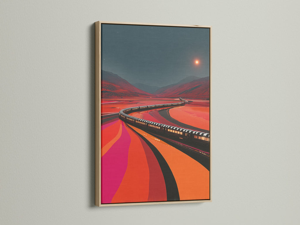 Train Journey artwork in an oak frame. The retro railroad print features earth tones. Ideal as travel artwork for train enthusiasts. It enhances retro home decor and transport art.