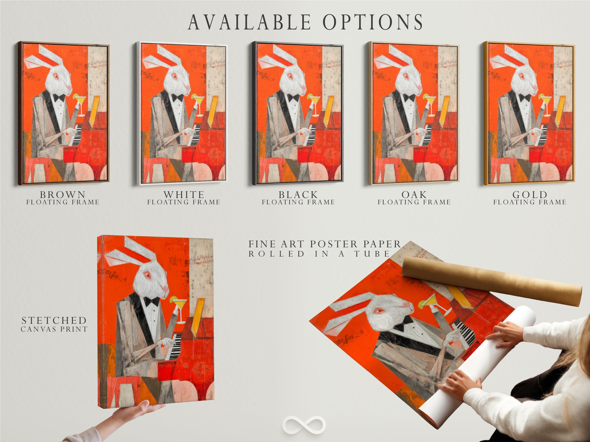 Explore available options for the rabbit pianist artwork. Choices include stretched canvas prints fine art poster paper and floating frames. Customize your art to perfectly match your style. This whimsical animal art is perfect for home bars lounges and music rooms. Discover the possibilities today.