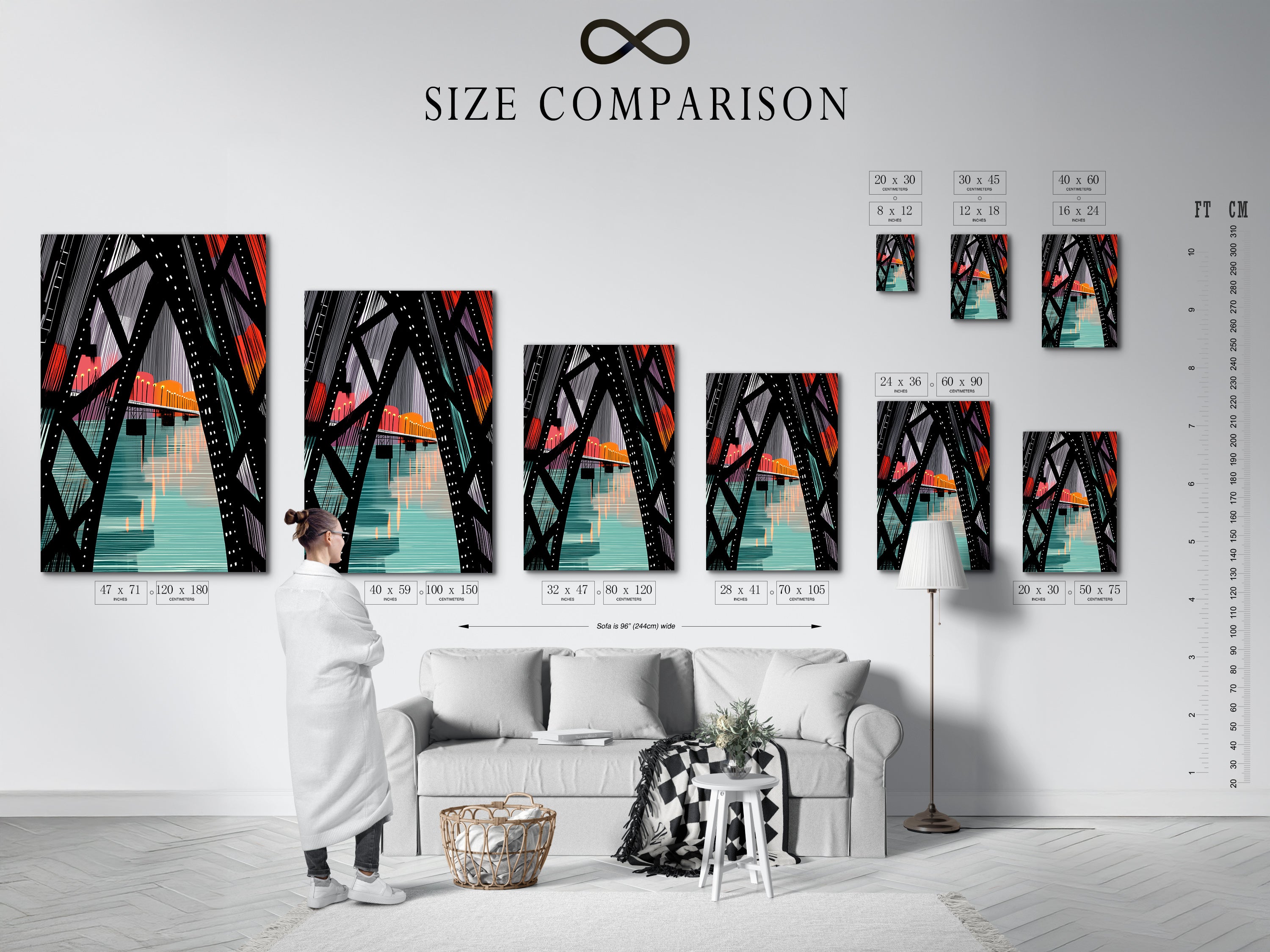 A size comparison chart showcases the City Bridge artwork in an interior. See how different sizes fit your space. This teal and orange geometric print transforms any room. Find the perfect size for your modern art.