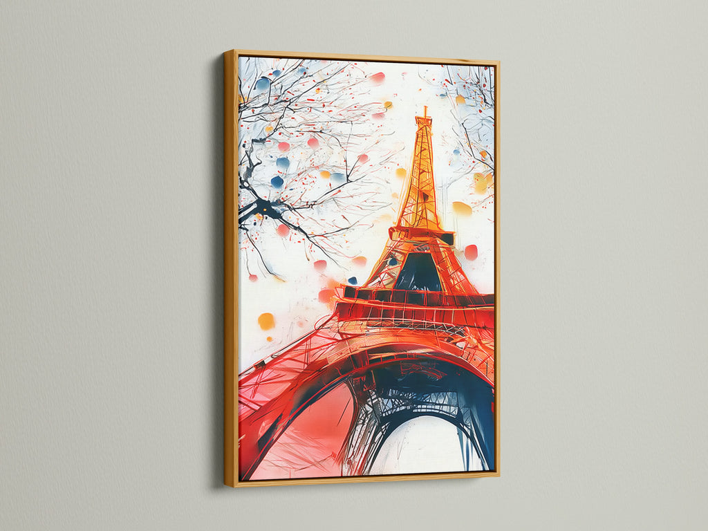 Eiffel Tower art with a gold frame. A luxurious gold frame adds warmth and elegance to the French artwork. The gold frame complements coral pink art and Europe wall art beautifully.