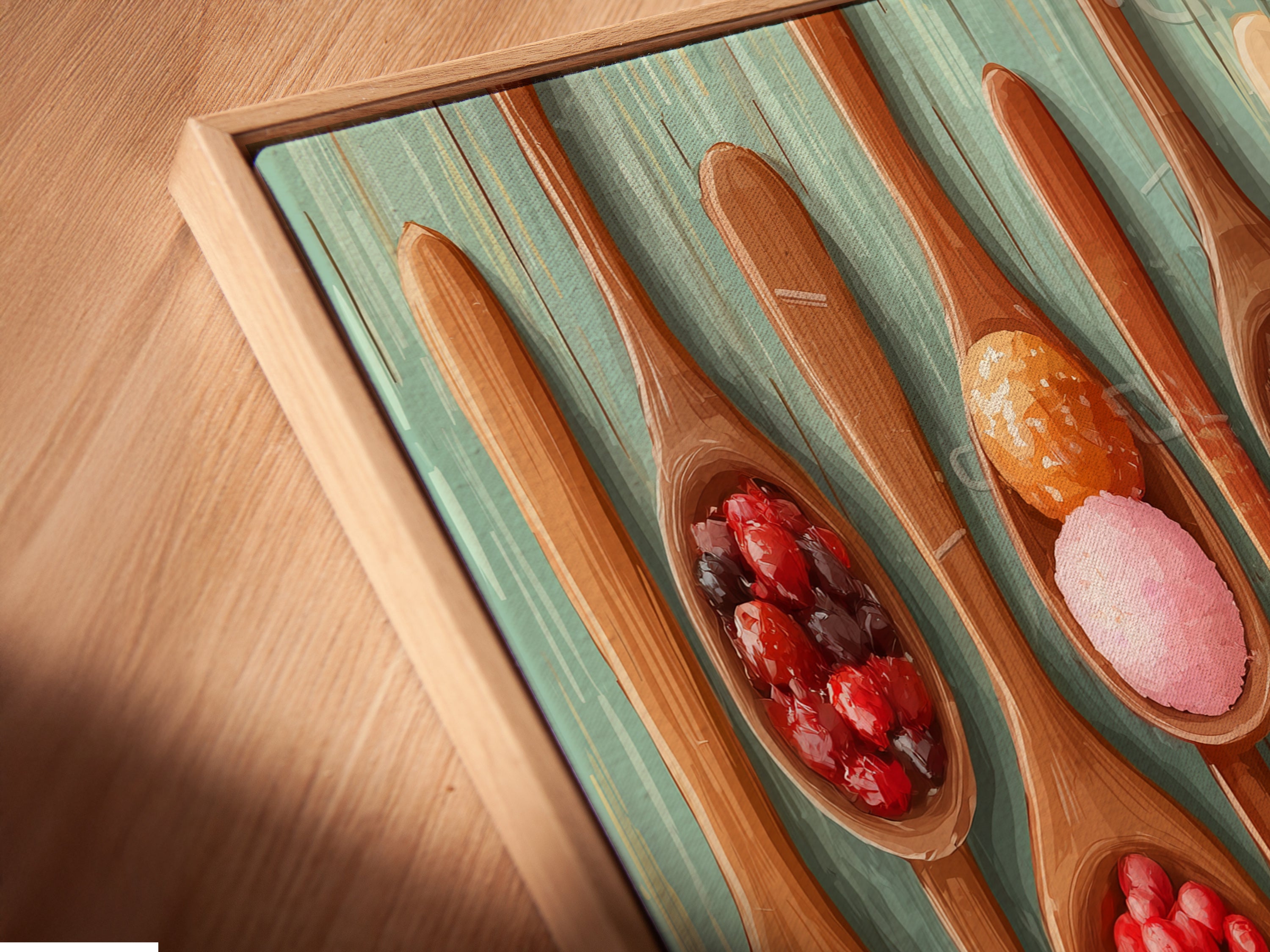 A close-up angle reveals a canvas print in a floating frame. The spice spoons art is visible. This kitchen canvas is great for adding a rustic touch. The colorful foodie decor is perfect for any dining area. Enhance your space with this unique artwork.