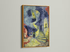 A gold frame showcases the surreal staircase artwork. This print features a Van Gogh style. It's a dreamlike architectural poster. The art nouveau style is prominent with blue and yellow hues. Add a touch of elegance to your bedroom wall decor. The swirling sky art captures the imagination. It's perfect for adding a modern surrealism touch.
