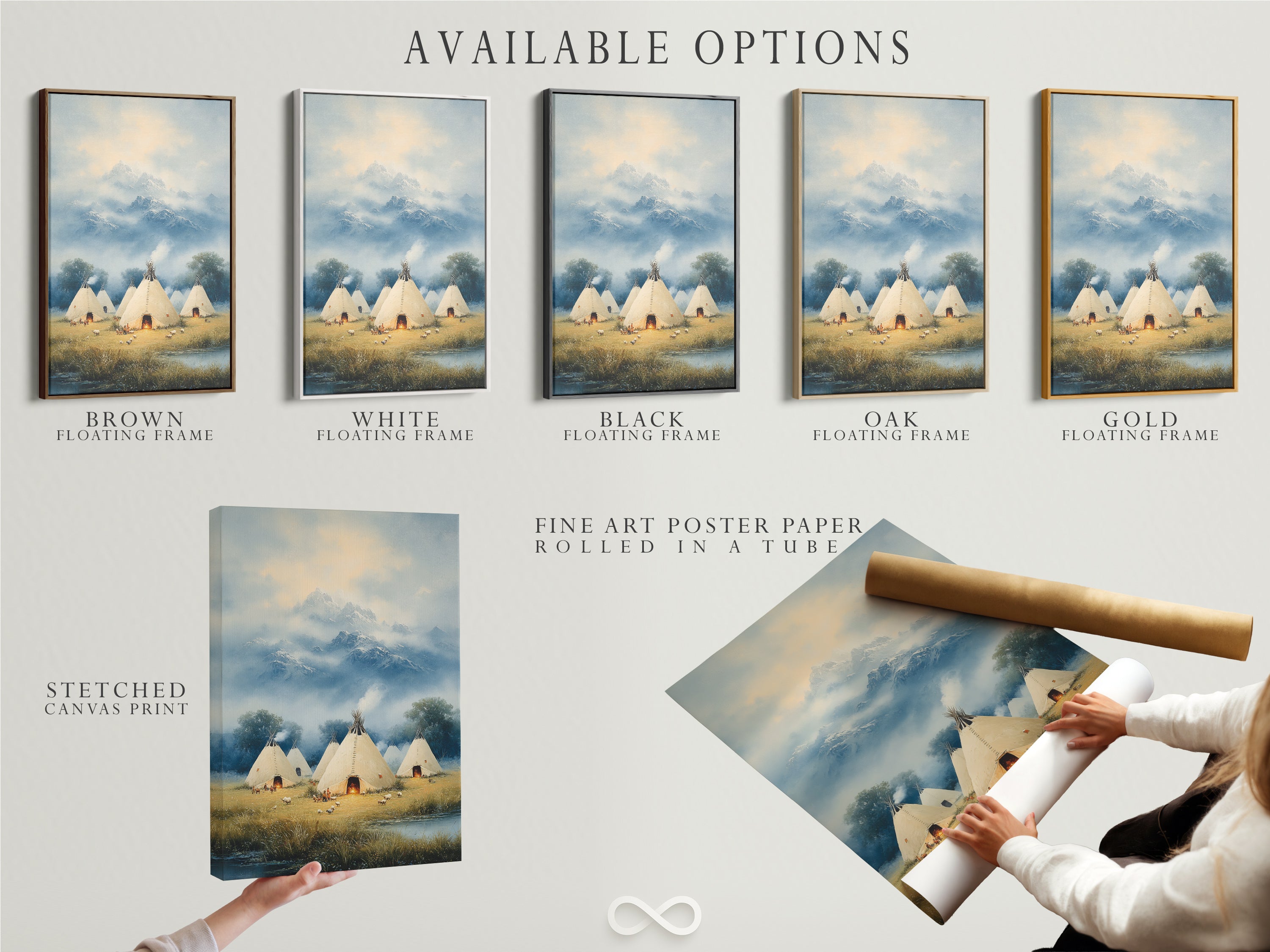 Available options for Native American Teepee Mountain Wall Art. Choose from stretched canvas fine art poster paper or floating frame. Find the perfect fit for your cabin wall decor. This indigenous artwork is versatile. It is ideal for southwest art and rustic wall decor.