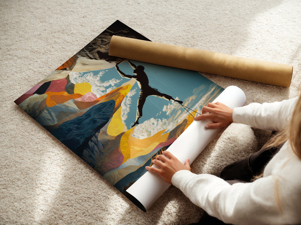 A woman is rolling a fine art poster paper. This rock climbing art print is the perfect addition to your home decor. This adventure canvas wall art is a great gift. It is perfect for mountain sports enthusiasts