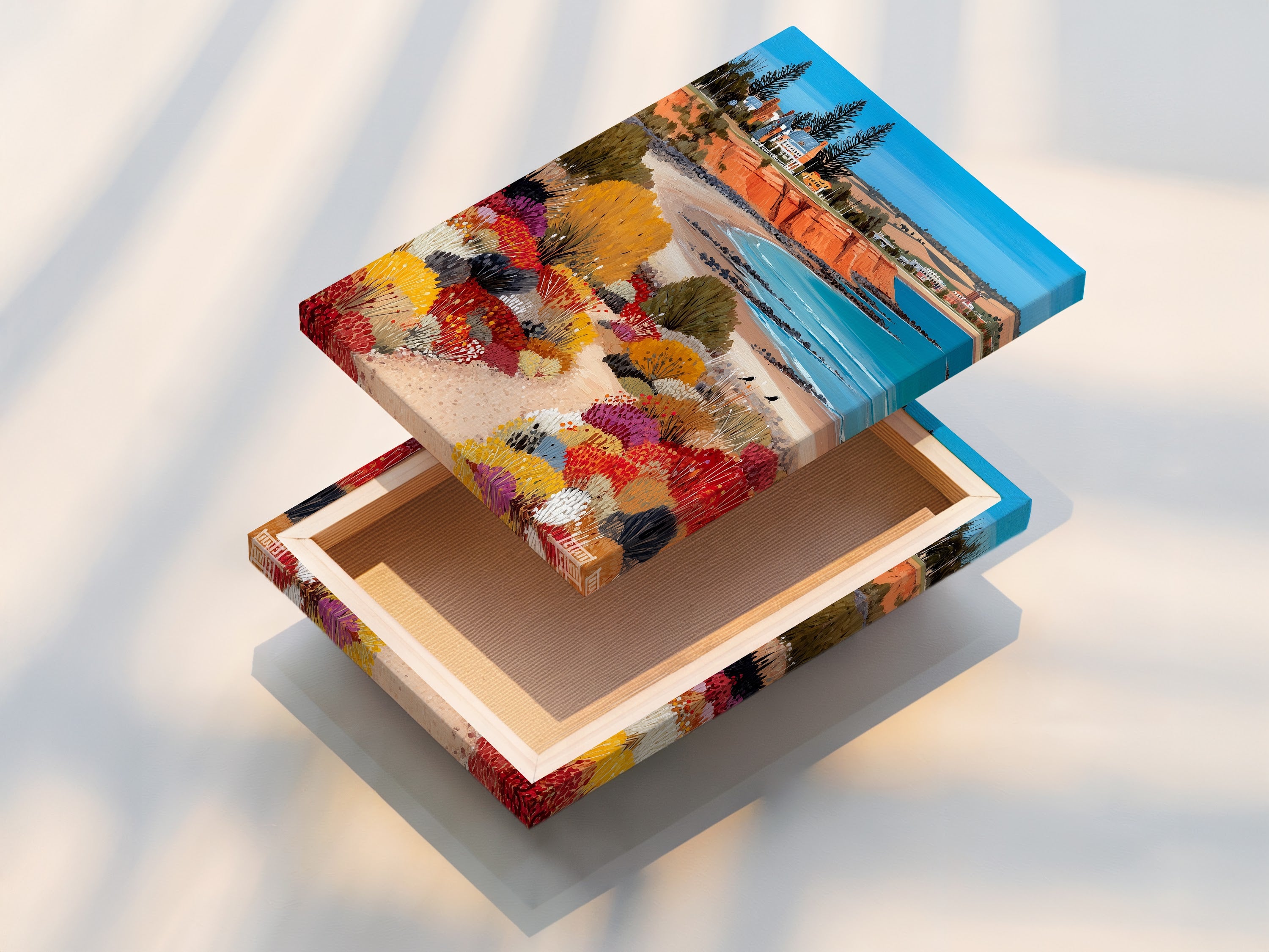 Stretched canvas print featuring a beautiful coastal landscape artwork. This ready-to-hang piece is perfect for adding a touch of the Australian beach to your walls. The stretched canvas provides a clean and modern look. It enhances the colorful seascape art. Transform your living room or office with this stunning piece.